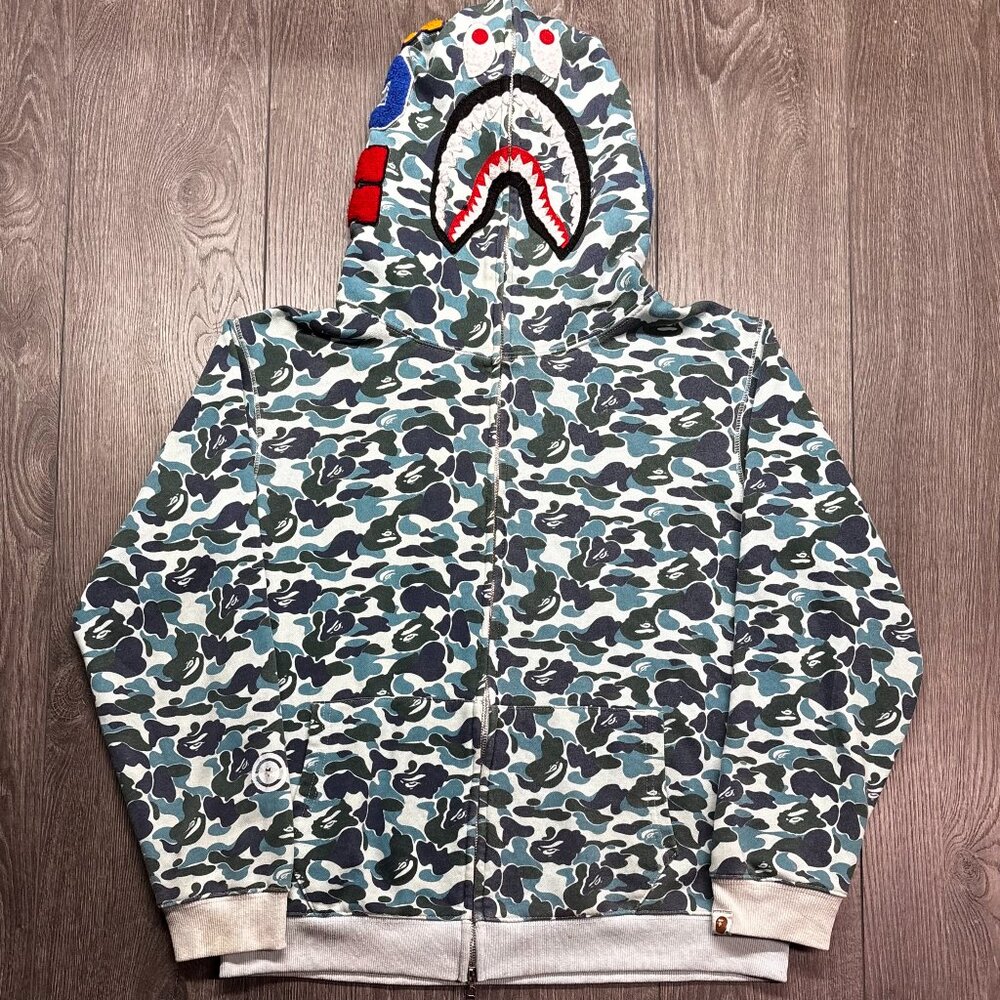 Bape Shark Full-Zip Hoodie in Blue Camouflage with Red Accents